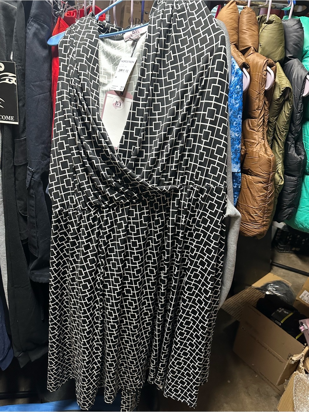 Black and White Geometric Wrap Midi Dress